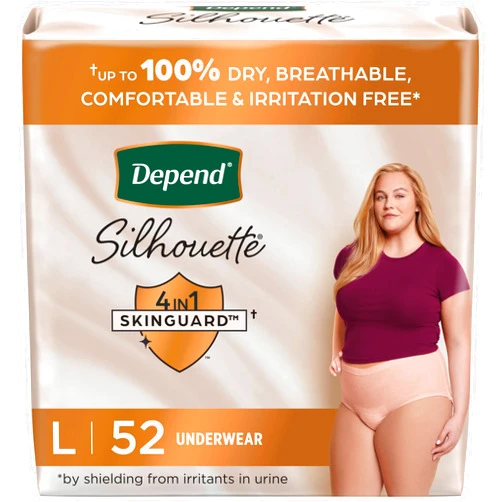Depend Silhouette Adult Incontinence & Postpartum Bladder Leak Underwear for Women, Maximum Absorbency, Large, Pink, 52 Count (2 Packs of 26), Packaging May Vary