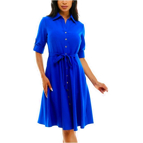 Sharagano Womens Button Front Pleated Shirt Casual Dress