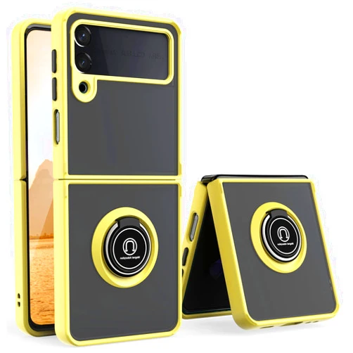 TJS Compatible with Samsung Galaxy Z Flip 3 5G Case, Metal Ring Kickstand Magnetic Support Drop Protective Cover Phone Case (Yellow)