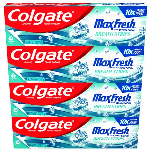 Colgate Max Fresh Whitening Toothpaste with Mini Strips, Clean Mint Toothpaste for Bad Breath, Helps Fight Cavities, Whitens Teeth, and Freshens Breath, 6.3 Ounce (Pack of 4)