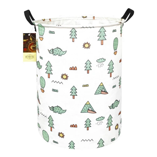 HUNRUNG Laundry Hamper,Large Canvas Fabric Lightweight Storage Basket Toy Organizer Dirty Clothes Collapsible Waterproof for College Dorms（Round-Pine Dinosaur）