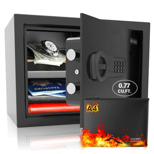 GOLDENKEY <0.77 cu.ft.> Fireproof Safe for Home Documents, Money Safe Box Fireproof Waterproof with Key&Code, Steel Security Home Safe Box with Mute Function& Removable Shelf for Office, Bussiness, Hotel, Black