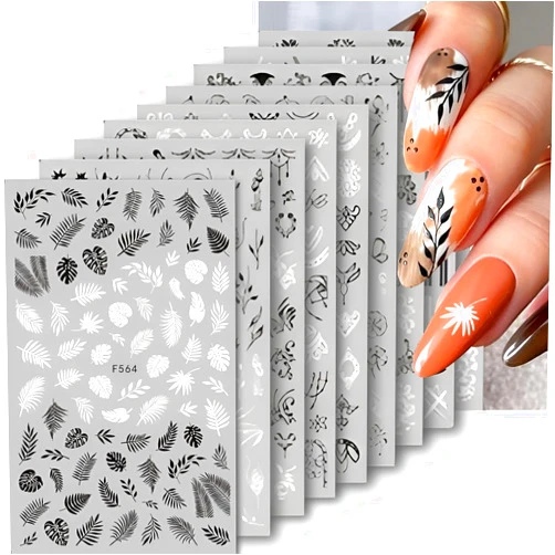 SPLOCUDU 10 Sheets White Black Nail Art Stickers Decals 3D Self- Adhesive Black Flower Nail Stickers White Leaf Nail Decals Retro Butterfly Nail Supplies Nail Art Design Decoration Accessories for Women Girls
