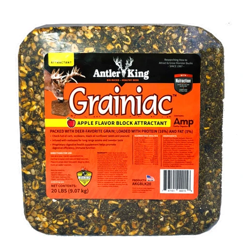 Antler King Apple Flavored Grainiac Block for Deer | 20 lb Block Year-Round Feed Supplement/Attractant with 16% Protein 5% Fat