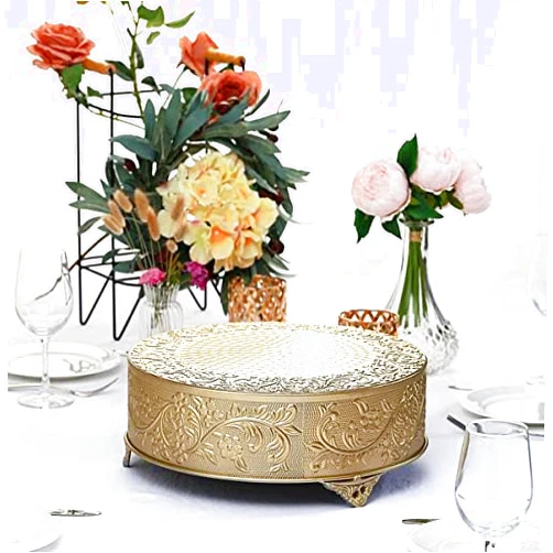 TABLECLOTHSFACTORY GOLD Round Embossed Metal Cake Plateau Stand Riser Wedding Dessert Display Plate