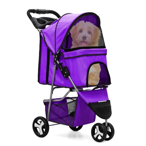 MoNiBloom 3 Wheels Pet Dog Cat Stroller for Small Medium Dogs Cats, Lightweight Foldable Jogger Stroller w/Storage Basket and Cup Holder, Purple
