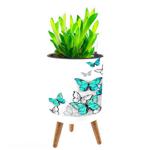 UHMLTCRBOD Planter with Stand Turquoise Blue White Butterflies Boho Plant Pot with Legs Standing 8.7” Flower Pots Self-Watering Planters with Water Inlet & Water Level Indicator Indoor Decor