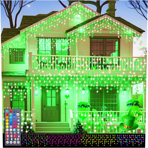 Pooqla Color Changing Icicle Lights with 44 Keys Remote, ST Patrick's Day LED Icicle Lights Outdoor, 210 LED 20FT RGB Waterproof Hanging String Lights for Roof Window Home Party Christmas Easter Decor