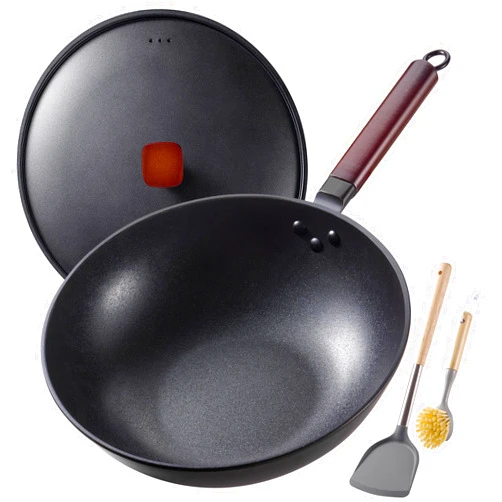 Teewe Carbon Steel Wok -13 Inch Woks & Stir-fry Pans Nonstick, Wok Pan with Lid Spatula and Dish Brush: Pre-Seasoned Flat Bottom Chinese Wok for Induction, Electric, Gas, All Stoves