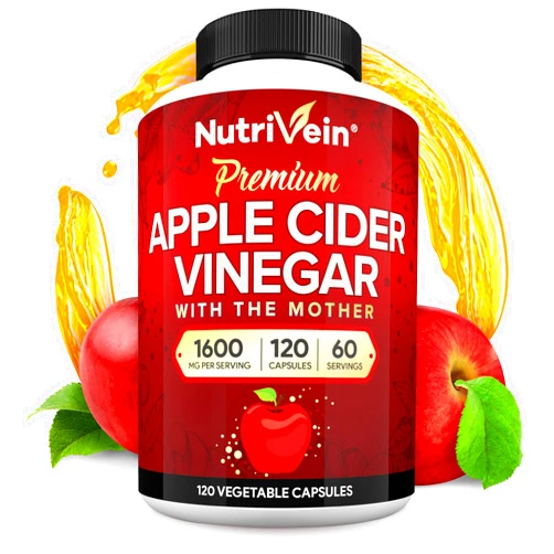 Nutrivein Premium Apple Cider Vinegar Supplements with Mother - 1600 mg - 120 Apple Cider Vinegar Capsules: ACV Pills for Digestion, Keto, Cleansing, and Balanced Nutrition