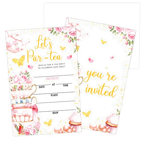 Doreen's Boutique Tea Party Invitations for Girls, 20 PCS Double Sided Birthday Party Invitations with Envelopes, 4x6 Inches Coquette Party Invites-13