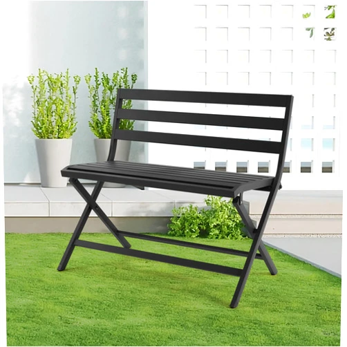 Eongdn Outdoor Foldable Garden Bench, Powder Coated Aluminum Patio Porch Bench Chair Furniture with Backrest for Porch, Indoor, Park, Deck, Yard, Black