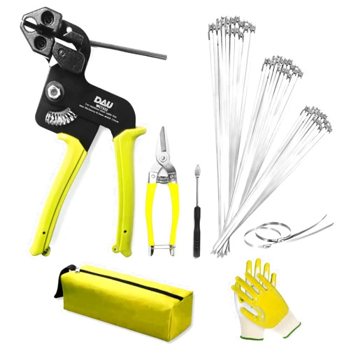 DAFONSO Heavy Duty Stainless Steel Cable Tie Gun Set with 150PCS Ties - Ergonomic Design for Efficient Fastening and Cutting - Ideal for Chain Link Fence, Dog Fence for The Yard, Exhaust Pipe. (yellow)