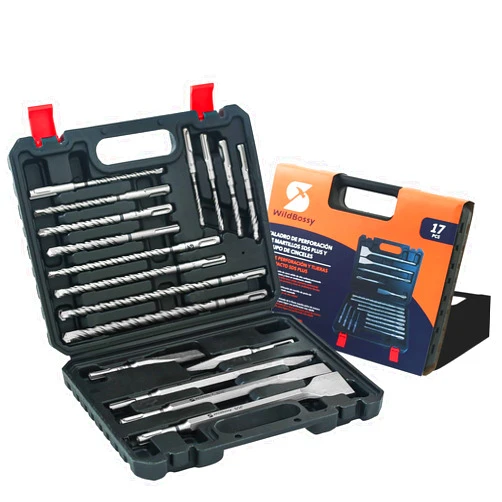 WildBossy Rotary Hammer Drill Bits Set & Chisels- SDS Plus 17PCS Concrete Masonry Hole Tool with Storage Case for Concrete, Stone, Brick