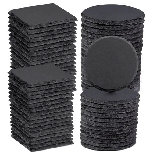 Aukful 72 PCS Slate Coasters 4 Inch Black Stone Coaster,36 PCS Square Slate Coasters and 36 PCS Round Stone Coasters,Suitable for Office Coffee Table Kitchen Home Engrave Decoration