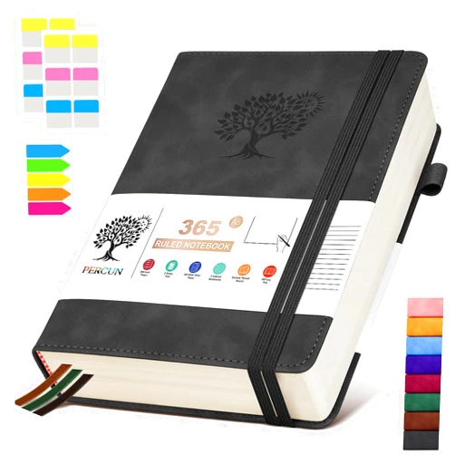 PERCUN A5 Lined Journal Notebook - 365 Page Leather Journals for Writing Women & Men，Hardcover Notebook with 100Gsm Thick Pages，Daily Diary for Travel, Work，School，Note Taking，College Ruled (5.9