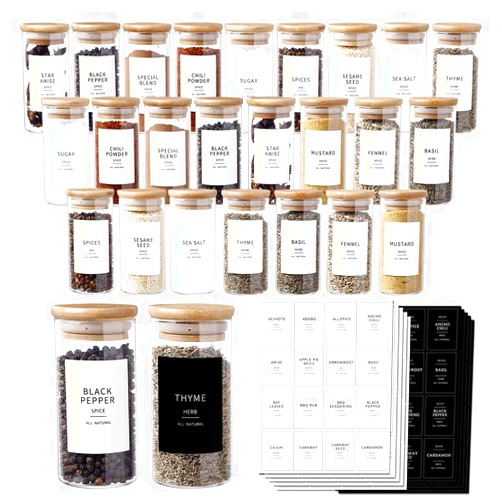 CZZGSM 24 Pcs Glass Jars With 296 Spice Labels Preprinted of White and Black Color- 4oz Thicken(2.4mm) Empty Small Herb Seasoning Containers With Bamboo Airtight Lids