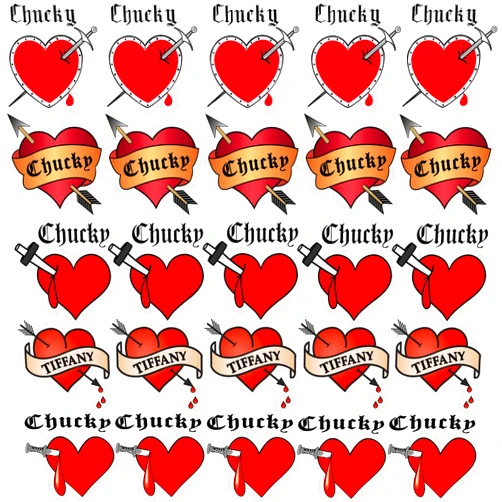 VANTATY 25 PCS 3D Bride Of Chucky Tattoo Heart, Tiffany Costume Bride Of Chucky For Women Kids Girls, Bride Of Chucky Heart Temporary Tattoo Stickers, Halloween Costume Zombie Chucky Makeup Kit