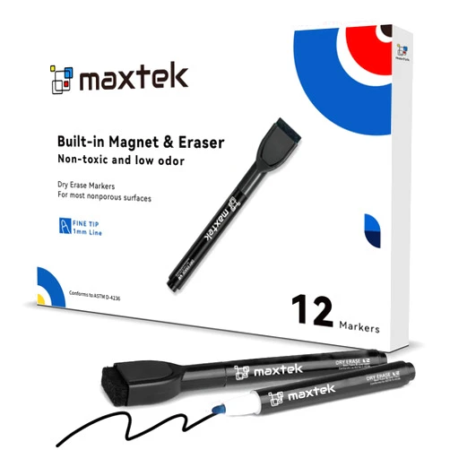 maxtek Magnetic Black Dry Erase Markers, 12 Count Fine Tip Whiteboard Markers with Eraser, Thin Markers Low Odor for Classroom, Office, Home