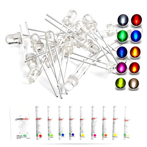Chanzon 100pcs (10 Colors x 10pcs) 3mm LED Diode Lights Assortment (Clear Transparent Lens) Emitting Lighting Bulb Lamp Assorted Kit Variety Colour Warm White Red Yellow Green Blue Orange UV Pink
