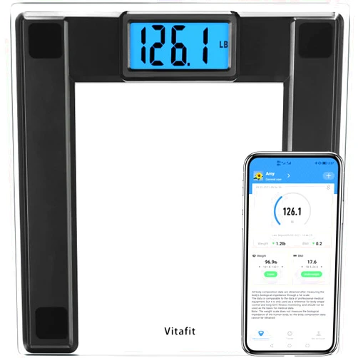 Vitafit 550lb Extra-High Capacity Digital Body Weight and BMI Bathroom Scale Via Smart APP, Weighing Professional Since 2001, 8mm Tempered Glass and Step-on, Extra Large Blue Backlit LCD,Black
