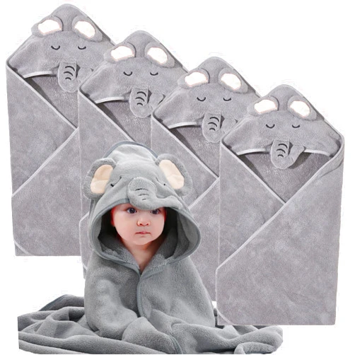 kmilro Baby Hooded Towel, 4-Pack Baby Essentials Baby Towels for Boy and Girl with 31.5x31.5 inch Soft Ultra Absorbent Hooded Towel Set for Babies, Toddler, Infant (Gray Elephant)