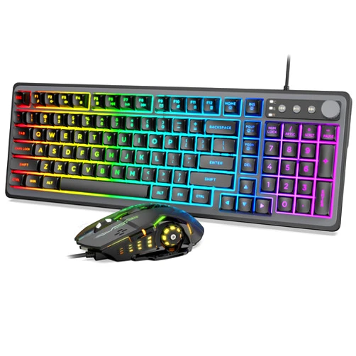 Trueque Gaming Keyboard and Mouse, USB Wired Computer Keyboard with 14-Zone RGB Illumination, 26 Anti-ghosting Keys, Volume Control Roller for PC Gamers, Laptop (Whisper Quiet Gaming Switch), Trueque