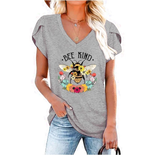 IHAOIZ Womens Flamingo Print Tops Summer Sexy V Neck Petal Sleeve Casual Tee Tshirts S-3XL