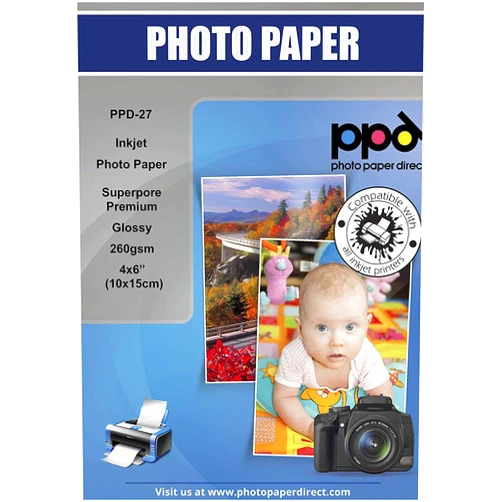 PPD 4x6 High Gloss Photo Paper For Inkjet 64lbs 240gsm 10.9mil Heavyweight Instant Dry and Water-Resistant x 50 Sheets (PPD-27-50)