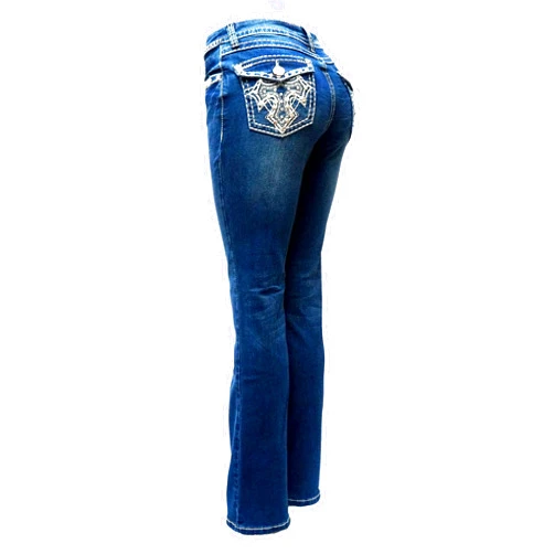 LA Idol Jack David Jack David H&Y U-Cute Rose 2 Rhinestone Studded Denim Bootcut Flap Pocket Jeans