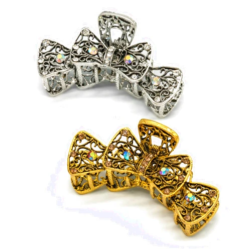 LINXUXIE Large Claw Hair Clips 2PCS For Women and Girls Metal Retro Style With Sparkly Glitter Rhinestones Banana Jaw Hair Clamps Strong Hold Nonslip Hair Accessories (Bow)