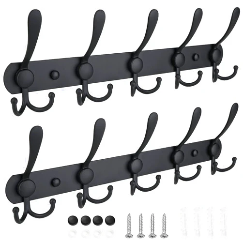 TICONN Wall Mounted Coat Rack, Five Heavy Duty Tri Hooks All Metal Construction for Jacket Coat Hat in Mudroom Entryway (Matte Black, 2-Pack)