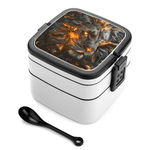 HJKBCV Bento Box Adult Lion with Fire Double Layer Stackable Lunch Box Leak-Proof Box with Portable Food Storage Utensil Set Lunch Box for Dining Work Picnic