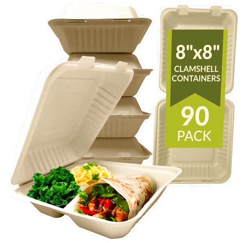 Reli. Compostable Clamshell To-Go Containers (90 Pack), 8x8 Inch | 3 Compartment | Disposable Take Out Food Containers/To Go Boxes | Biodegradable To Go Containers | Bagasse Clam shell | Brown 8x8