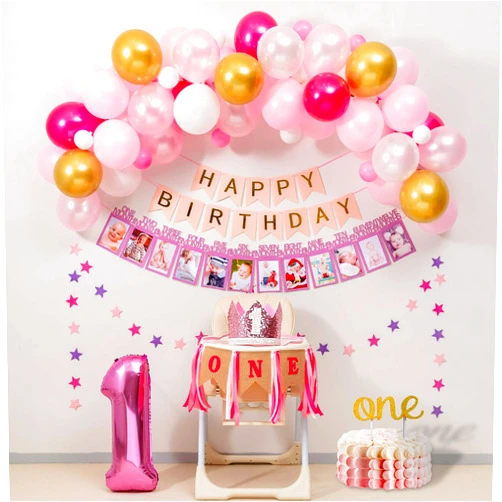 LFVIK 1st Birthday Girl Decorations and Pink&Gold Balloon garland kit for ONE Highchair Banner Decorations,Pink Crown,Happy Birthday Banner,12 Months Photo Banner,ONE Cake Topper,Number1 Girl Party Supplies