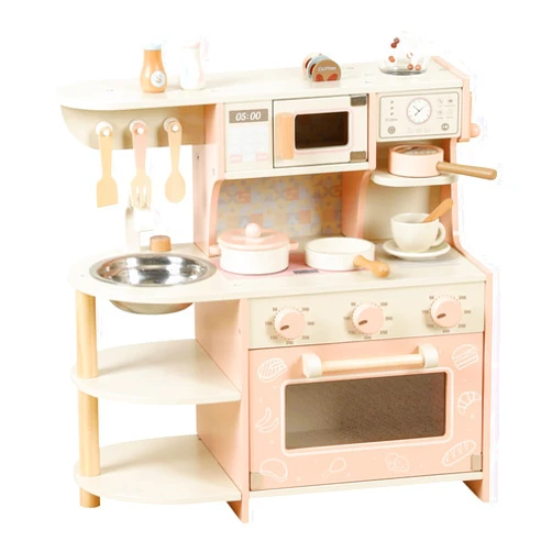 WOODENFUN Wooden Kitchen Playset for Kids Ages 3-8, Pretend Play Kitchen for Toddlers with Realistic Design, Cooking Accessories, Coffee Maker, Oven, Microwave, Sink - Small