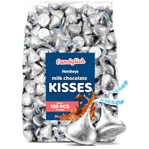 Candylish Hershys Kisses Milk Chocolate, Classic Silver Wraps, 1 Pound Bag (Approx. 100 Pieces) - Perfect for Gifts, Parties, and Special Occasions