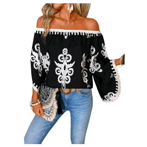 GORGLITTER Women's Off The Shoulder Bell Long Sleeve Top Allover Print Blouse Shirts