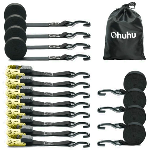 Ohuhu Ratchet Tie Down Strap 8-Pack 15 Ft - 500 lbs Load Cap with 1500 lbs Breaking Limit, Ohuhu Ratchet Tie Downs Logistic Cargo Straps for Moving Appliances, Motorcycle (Black)