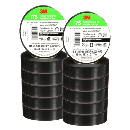 3M Temflex Vinyl Electrical Tape 175, Flame Retardant, Pressure-Sensitive Adhesive, Electrical and Mechanical Protection, Black, 7 mil, 3/4 in x 60 ft, 10 Rolls
