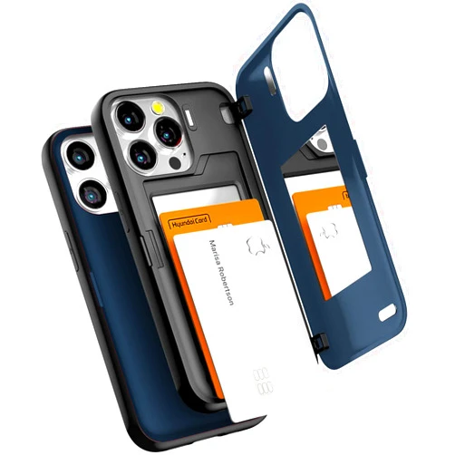 GOOSPERY Magnetic Door Bumper Compatible with iPhone 13 Pro Case, Card Holder Wallet Case, Easy Magnet Auto Closing Protective Dual Layer Sturdy Phone Back Cover - Navy