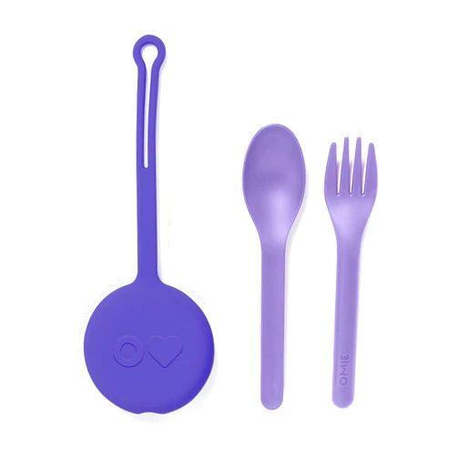 Omie OmieBox Kids Utensils Set with Case - 2 Piece Plastic, Reusable Fork and Spoon Silverware with Pod for Kids (Lilac)