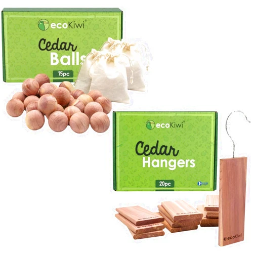 ecoKiwi Cedar Blocks for Clothes Storage Bundle - 20 Pack Hang Ups & 75 Pack Balls - 100% Natural Aromatic Cedar Closets & Drawers - Scented Cedarwood Oil with Sandpaper - Cedar Freshener Deodorizer