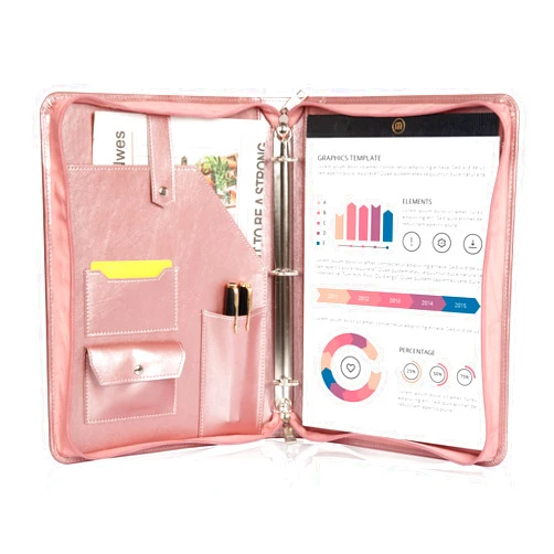 Calfinder Leather Portfolio 3 Ring Binder, PU Leather Padfolio Folder for Women, Rose Pink Business Portfolio Organizer with A4 Notepad Holder, Resume Work Folio, Handmade Gift for Girls/Lady, Rose