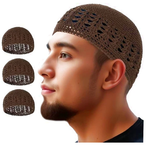 Generic 3pcs Knit Kufi Hats for Men Muslim Prayer Cap Islamic Ramadan Eid Taqiyah Cap Koofi Topi Beanie Skull Cap Under Hat