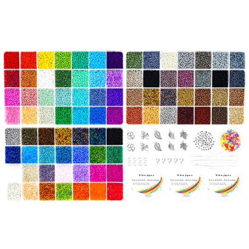 Ybxjges 42000Pcs 2mm Glass Seed Beads 12/0 Small Tiny Beads Kit with 300Pcs Alphabet Letter Beads Pendants Charms Jump Ring Elastic String for DIY Bracelets Necklace Jewelry Making Supplies