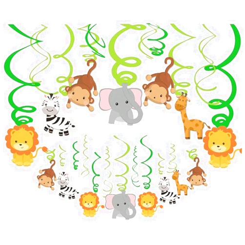 DOETIEN 30 Pcs Jungle Animals Hanging Swirl Decorations Safari Party Swirls Streamers Hanging Ceiling Decor with Assorted Jungle Safari Animal Cutouts For Forest Theme Birthday Baby Shower Festival Party