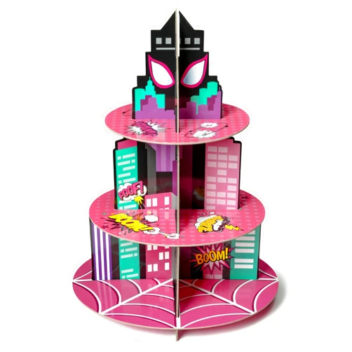 Andi Cppss Pink Spider Cupcake Stand - 3 Tier Pink Spider Party Dessert Holder Pink Spider Theme Cardboard Cake Stand for Birthday Party Decorations Cupcake Display for Kids Birthday Party Supplies