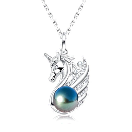 Mihiarii Unicorn Pendant Necklace, Tahitian Black Pearl with Moissanite, AAA Handselected Black Pearls, D Color Moissanite, 18K White Gold Plated Sterling Silver, 45+2+3mm Adjustable Chain