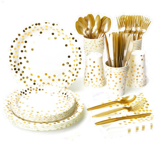 Lzerking Party Supplies Set - 210 Pieces of White and Gold Dot Paper Plates, Cups, Napkins, and Heavy Duty Silverware for 30 Guests for Birthdays, Graduation, Wedding, Festivals